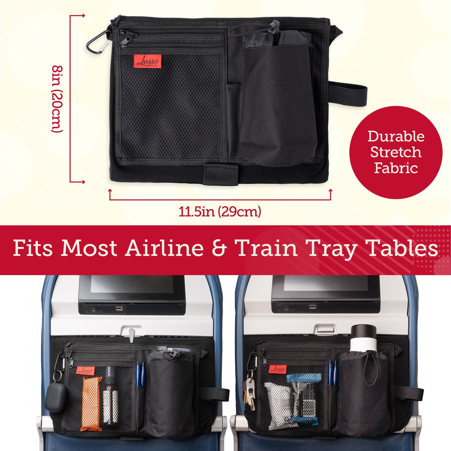 backpack cover for airline travel Lusso Gear Premium Black Airplane Tray Table Cover with 5 Compartments - Sanitary, Machine-Washable, Foldable